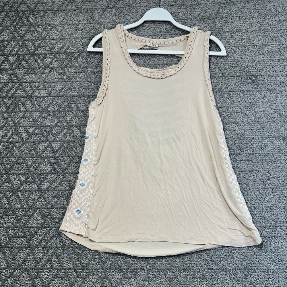 POL Boho Tank Top Small Beige Sleeveless Embroidered Trim Cutout Back